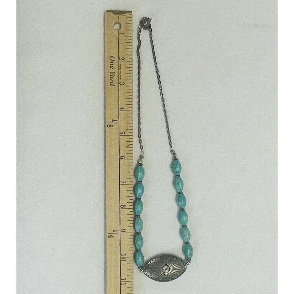 Western Necklace Turquoise Look Blue Elongated Beads Silver Tone Pendant Western